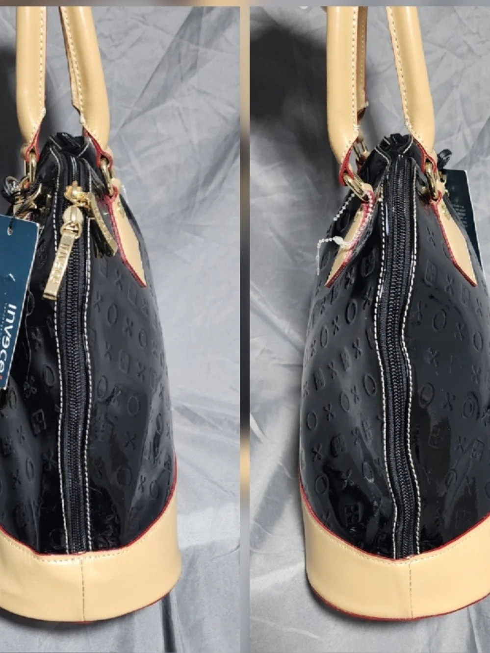 NWT Invece Arcadia Patent Leather Black Dome Handbag Satchel Made In Italy